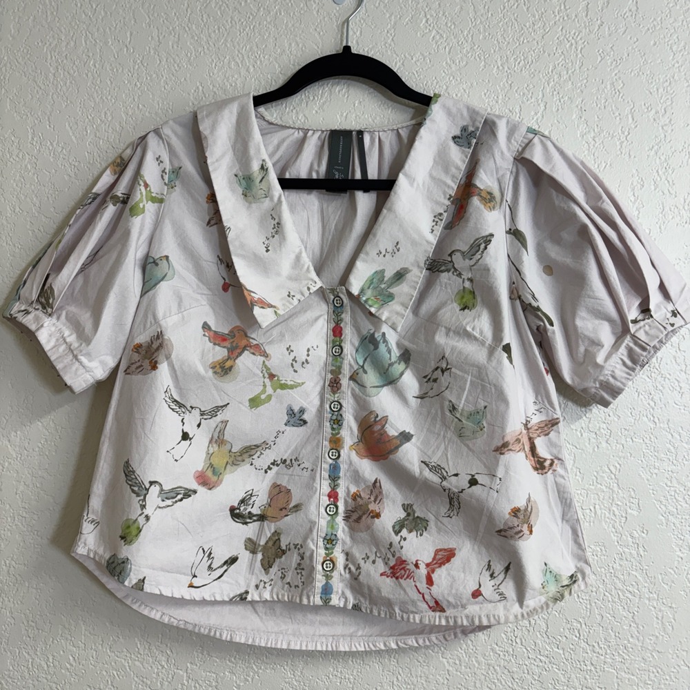Anthropologie Susan Goss Bird Print Blouse M Cotton Cottagecore Puff Sleeve